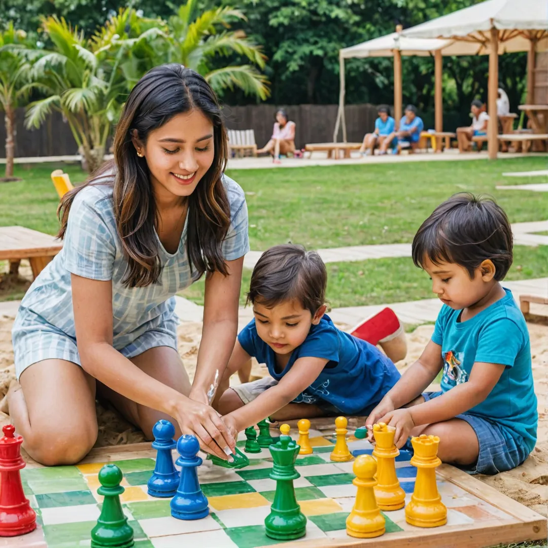 ivid water color painting, family playing together, active play zone, diverse equipment, inclusive environment, outdoor recreation, social connection, giant chess set, sandpit, board game cabanas, secure atmosphere, quality time, joyful expression, laughter, community spirit