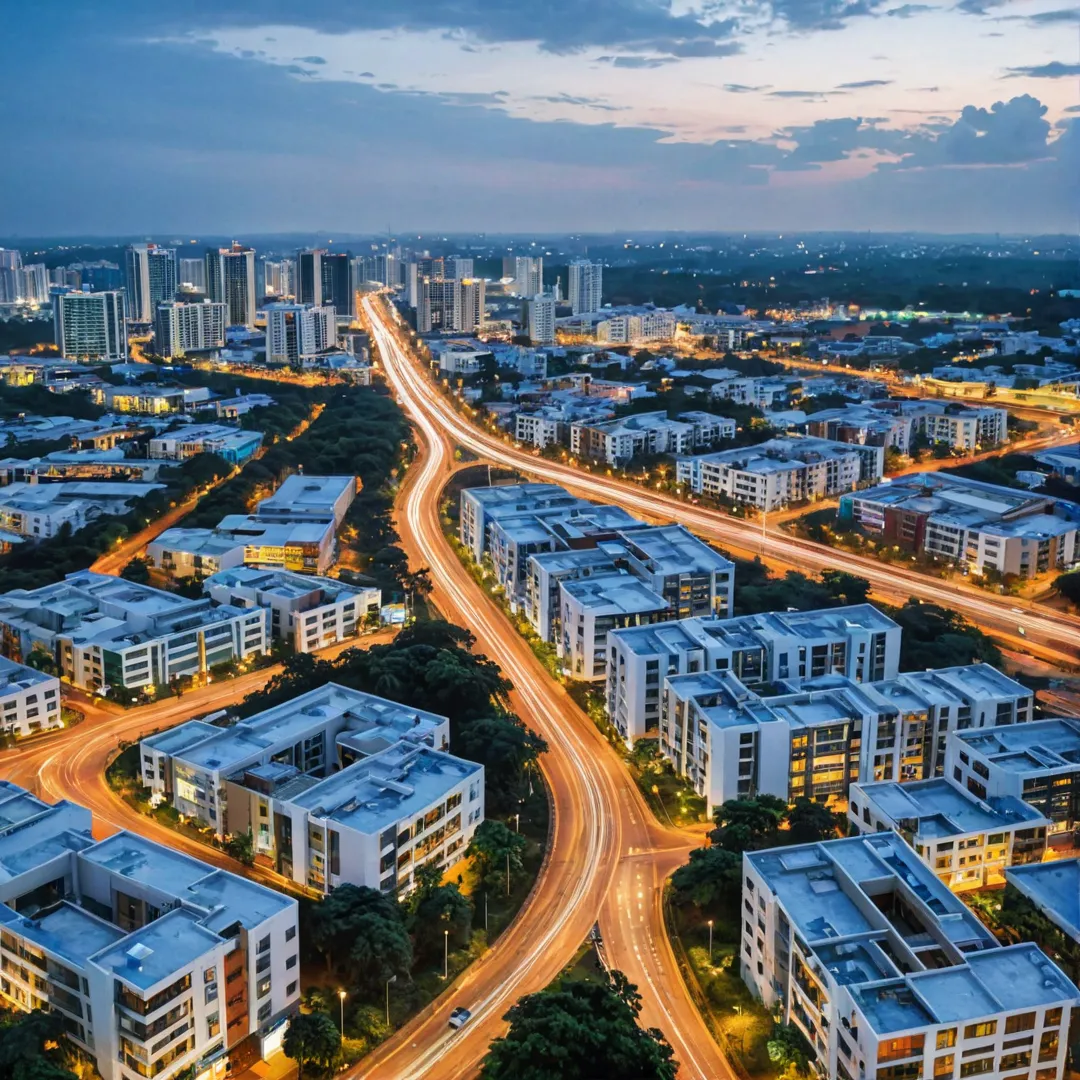 hoto of a vibrant urban landscape at dusk, showcasing the connectivity between Alita and nearby tech parks such as HM Tech Park and International Tech Park Bangalore. The image should highlight the modern architectural designs of these commercial spaces while also capturing the hustle and bustle of people commuting or enjoying leisure activities in the area.