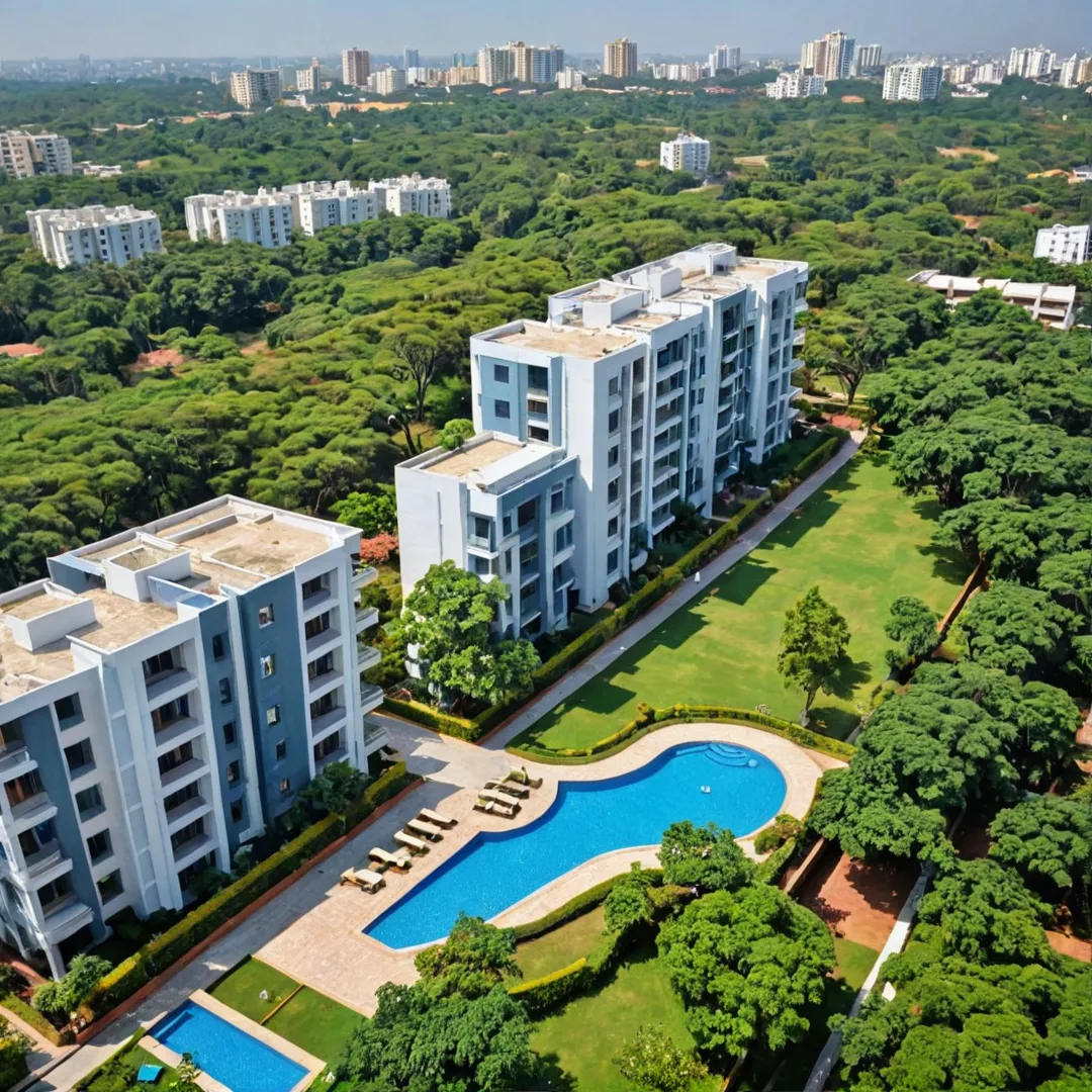 hoto of luxurious residential area, blending with modern academic institutions, lush greenery, prestigious schools, high-end living, families enjoying amenities, well-connected location, Bangalore skyline.