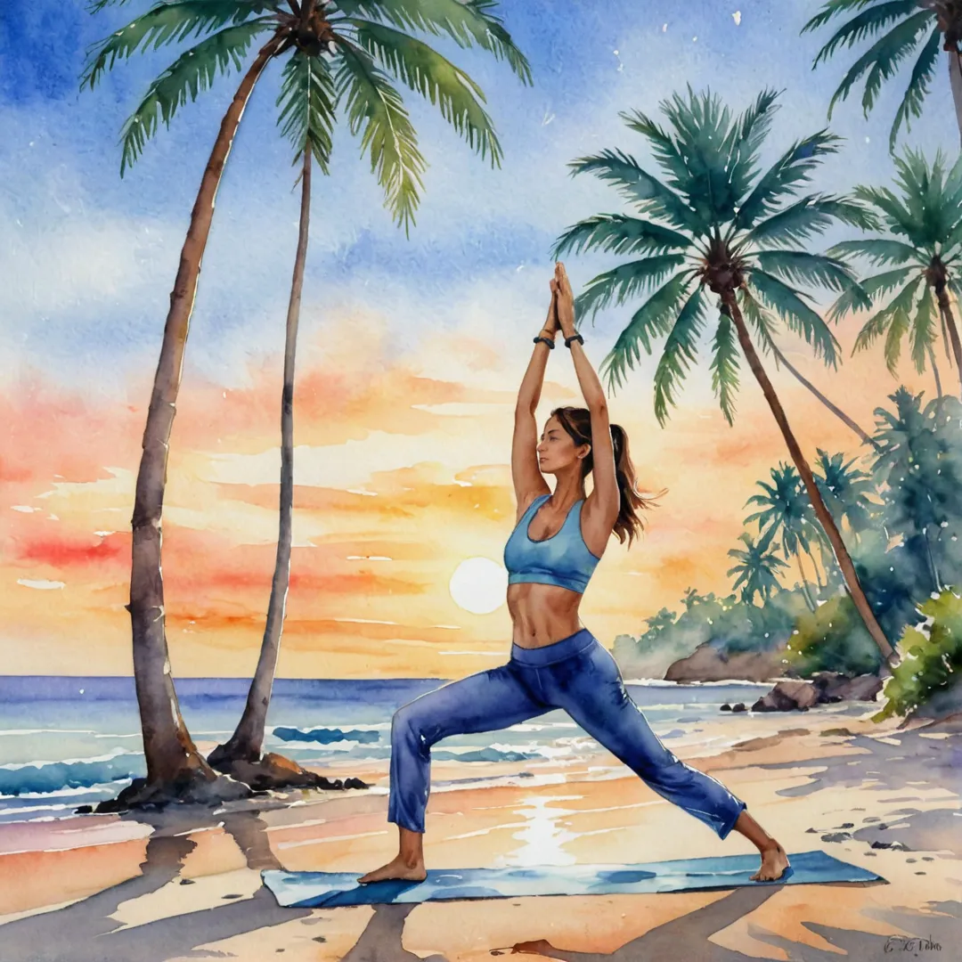 atercolor painting of a woman practicing yoga in the early morning on a beach surrounded by tall palm trees, gently swaying in the breeze. The sky is painted with vibrant colors as the sun rises over the horizon, casting warm light onto her body and the serene scene.