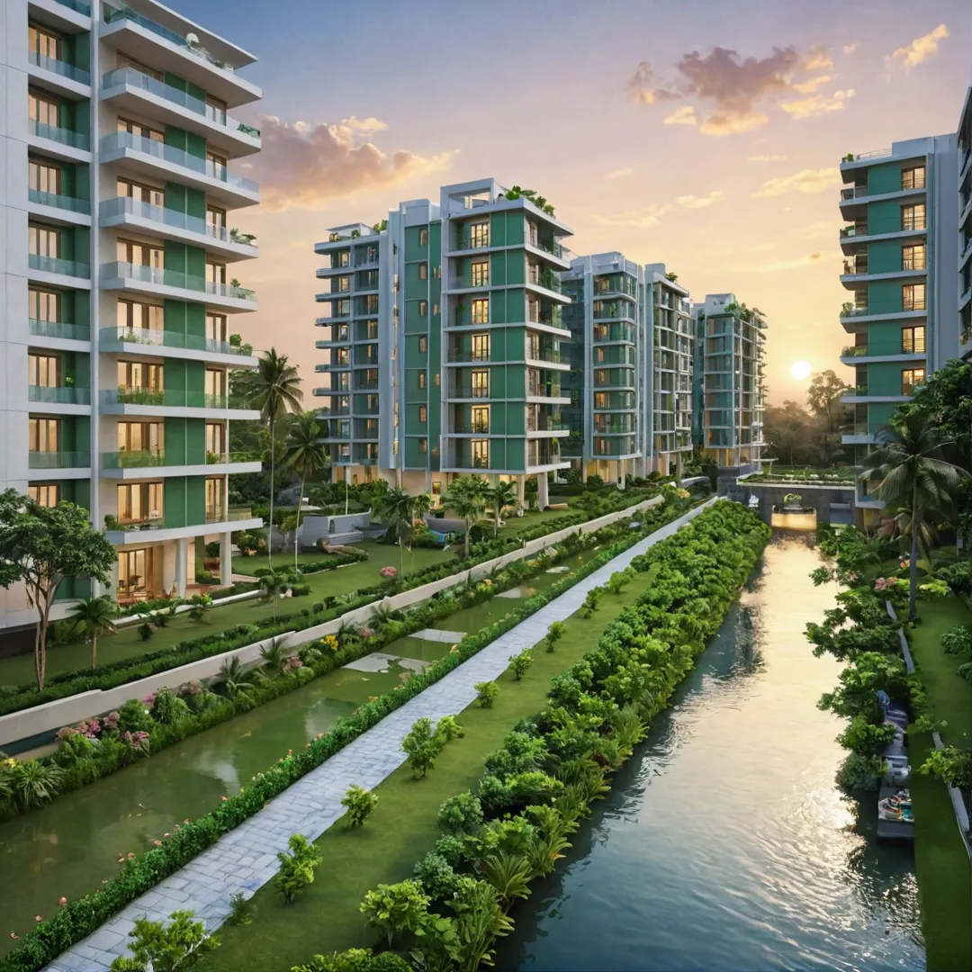 igh detailed render of Alita Edge residential project in Bangalore, Kacharakanahalli near Soukya road, with Rajakaluve canals in the foreground, showcasing water harvesting system and lush green landscape. The image captures a serene sunset, highlighting the harmonious blend of modern architecture and nature-inspired design.