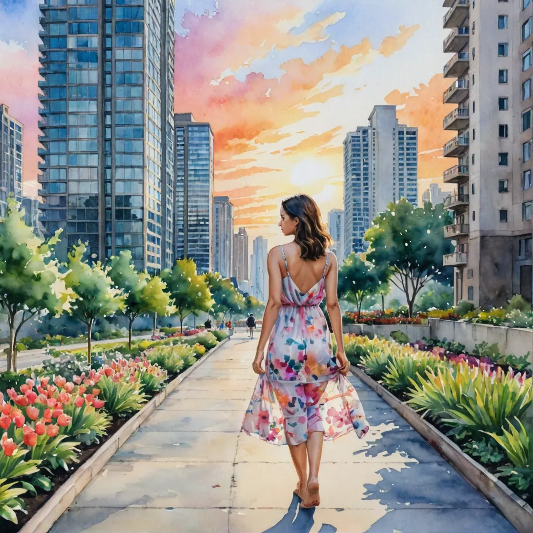 atercolor painting of a vibrant sunset over a bustling cityscape, with tall buildings and skyscrapers in the background. In the foreground, a young woman wearing a flowy dress walks towards her apartment complex, Alita, where she resides. The complex is designed with modern architecture and features a community workspace lounge, swimming pools, badminton courts, landscaped gardens, and more. The image captures the essence of convenience and comfort that IT professionals seek in their living spaces, all while being surrounded by beautiful natural elements like trees and flowers.