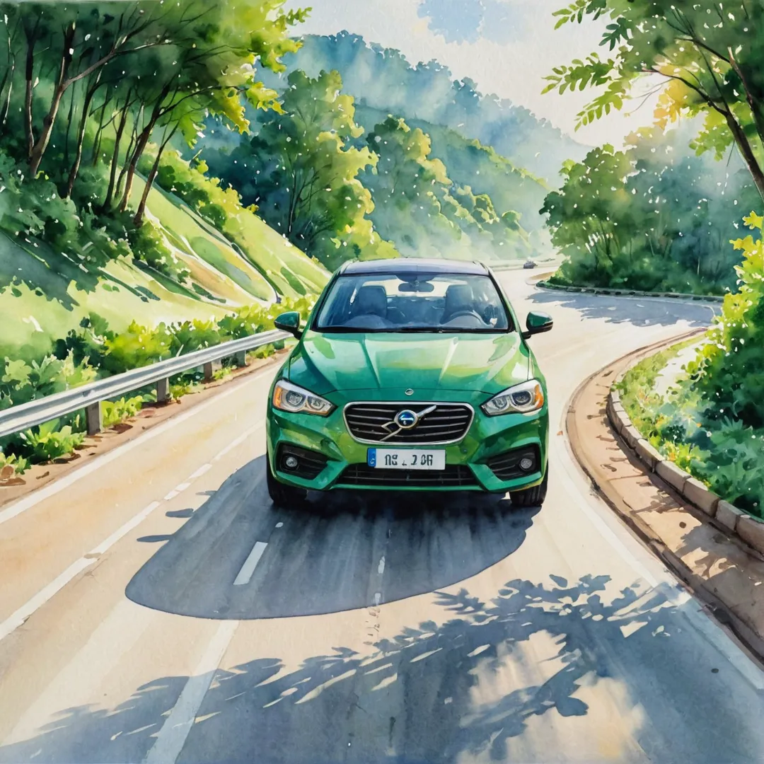 riving through lush greenery, sunlight streaming in, modern car on a winding road, excitement building