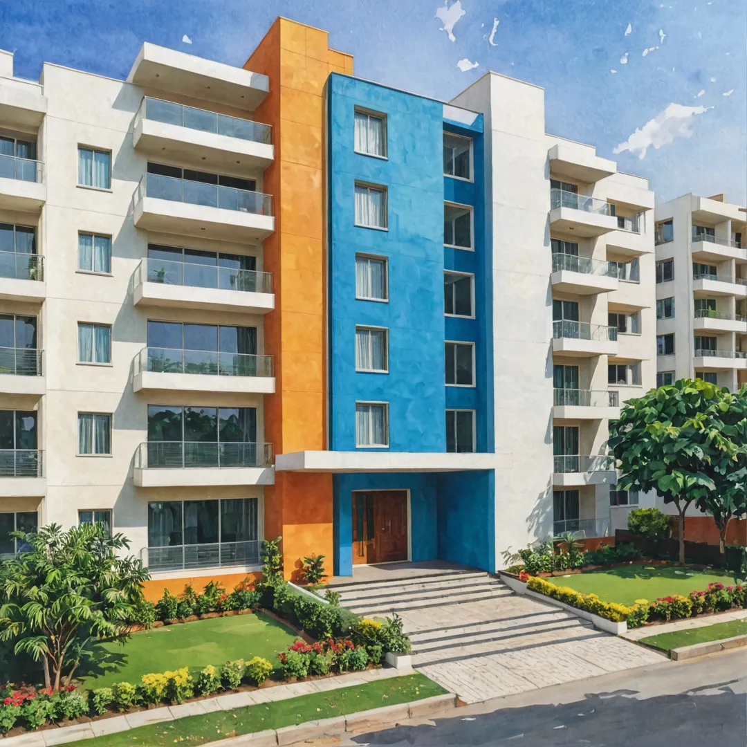 hoto of apartment building entrance, modern design, vibrant colors, sleek lines, luxurious feel, inviting atmosphere, Whitefield cityscape in background