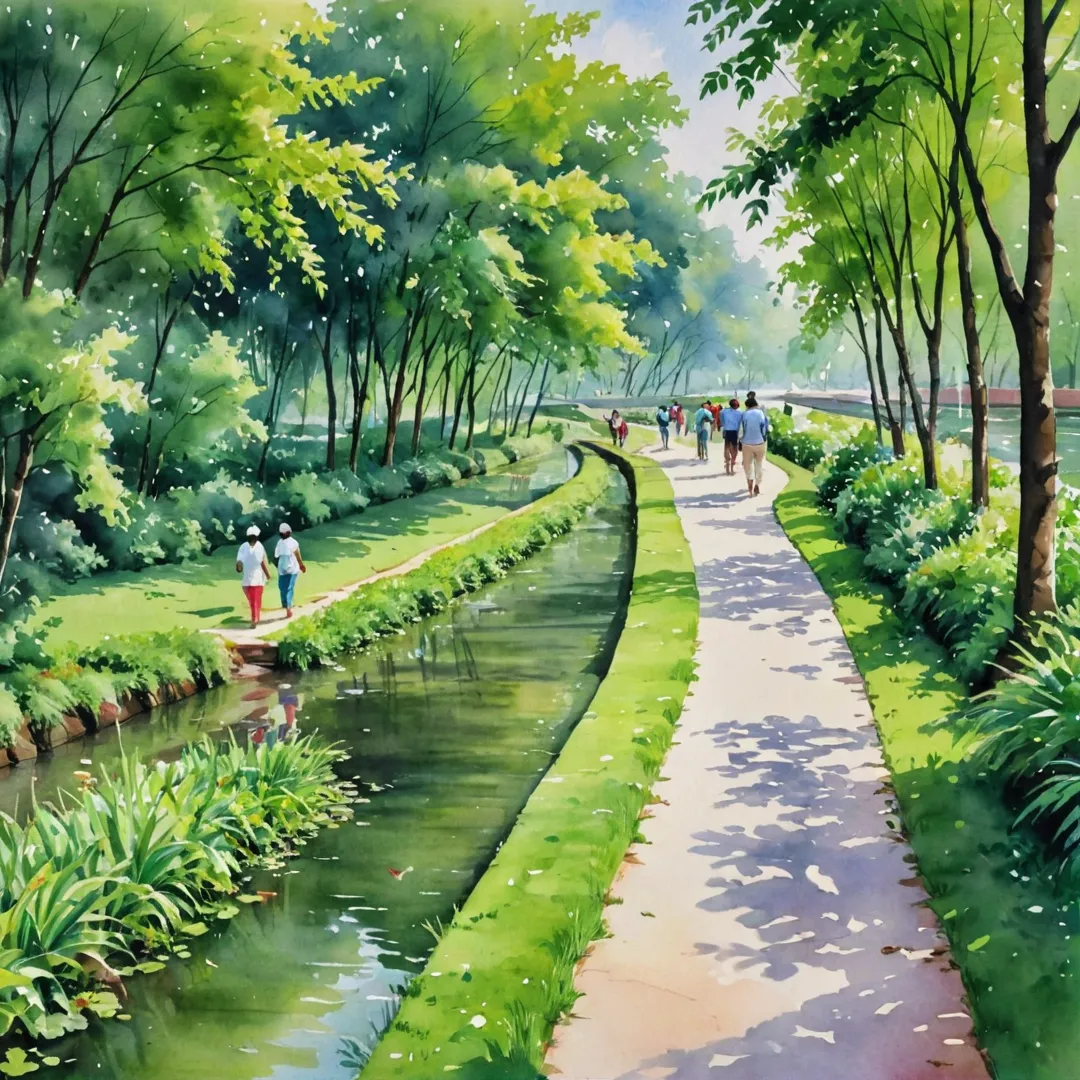 eople walking along a lush green path next to a peaceful canal, enjoying the scenic beauty of nature with their families and friends. The serene atmosphere is enhanced by the gentle flow of water and birds chirping in the background.