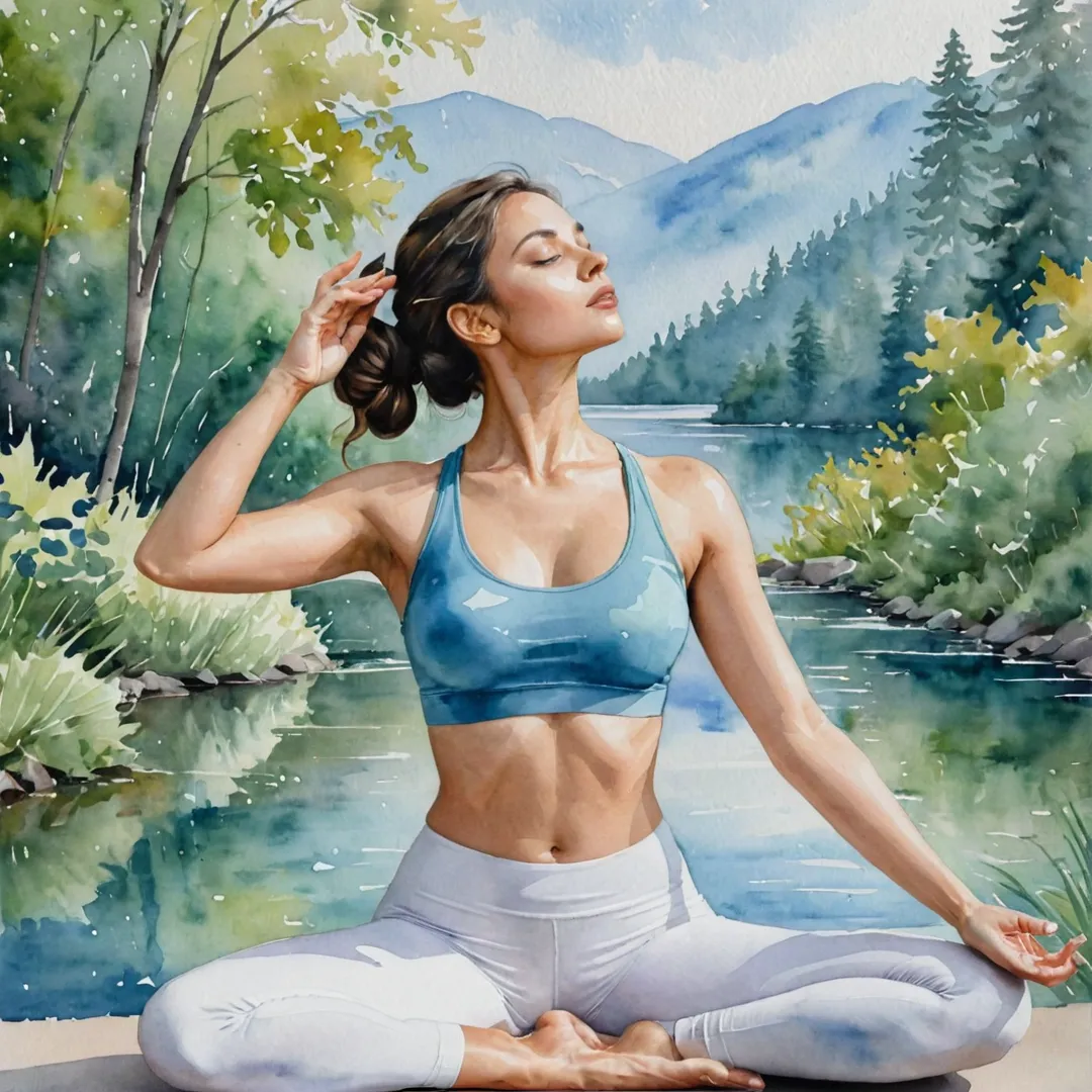 ater color painting of a woman in a yoga pose, focused on her breath, surrounded by nature, calming colors, tranquility