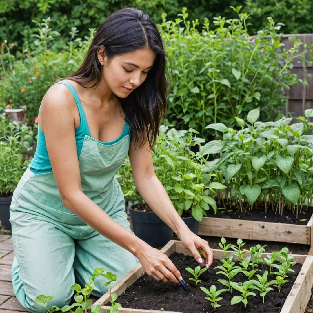 erson planting seeds in a communal herb garden, water color painting, bright colors, nature, wellness, sustainability, community engagement, educational, peaceful environment, therapeutic setting, organic plants, fresh air