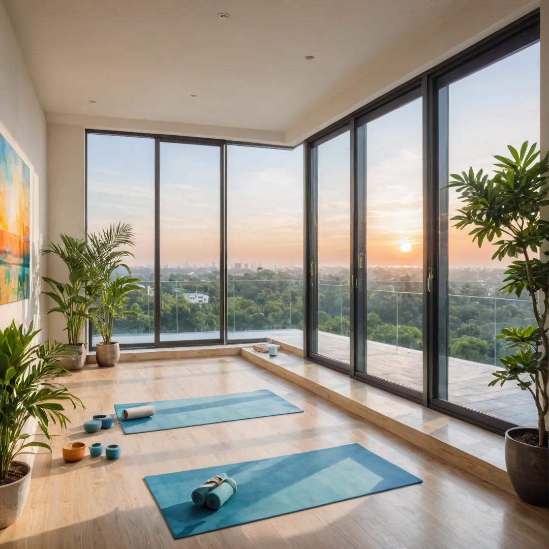 unset view of luxurious apartment with healthy lifestyle elements: yoga studio, meditation space, gym, shared workspace, greenery, modern architecture