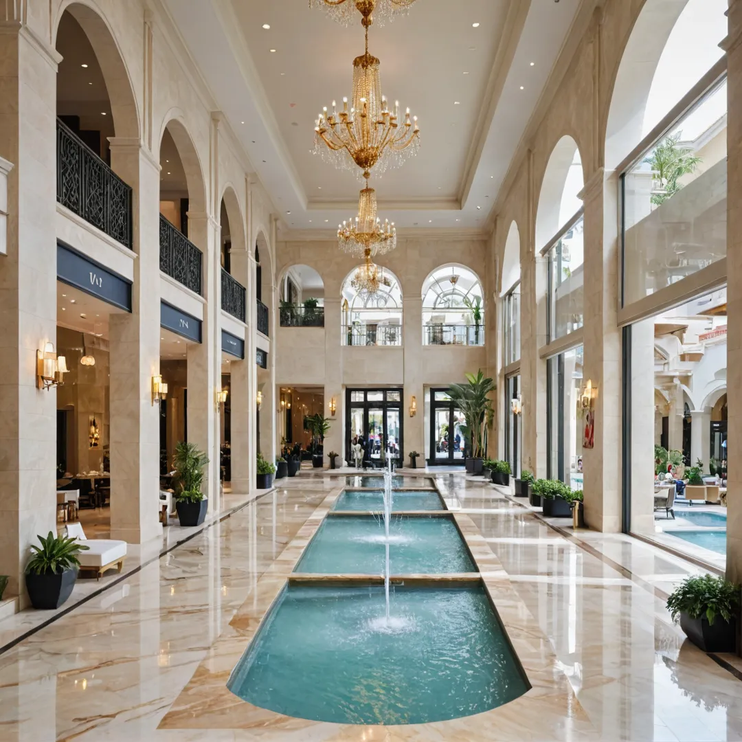 uxury mall interior, spacious, high ceilings, natural light, marble floors, chandeliers, designer stores, shoppers, café tables, outdoor seating area, fountains, landscaping.