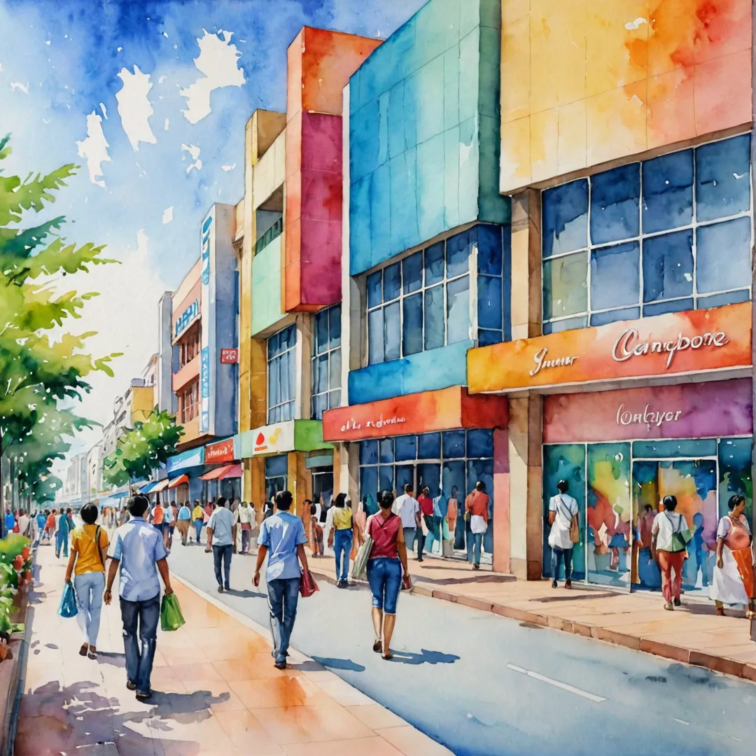 hopping mall exterior, vibrant colors, watercolor painting style, Bangalore city skyline view, people walking around, happy faces.