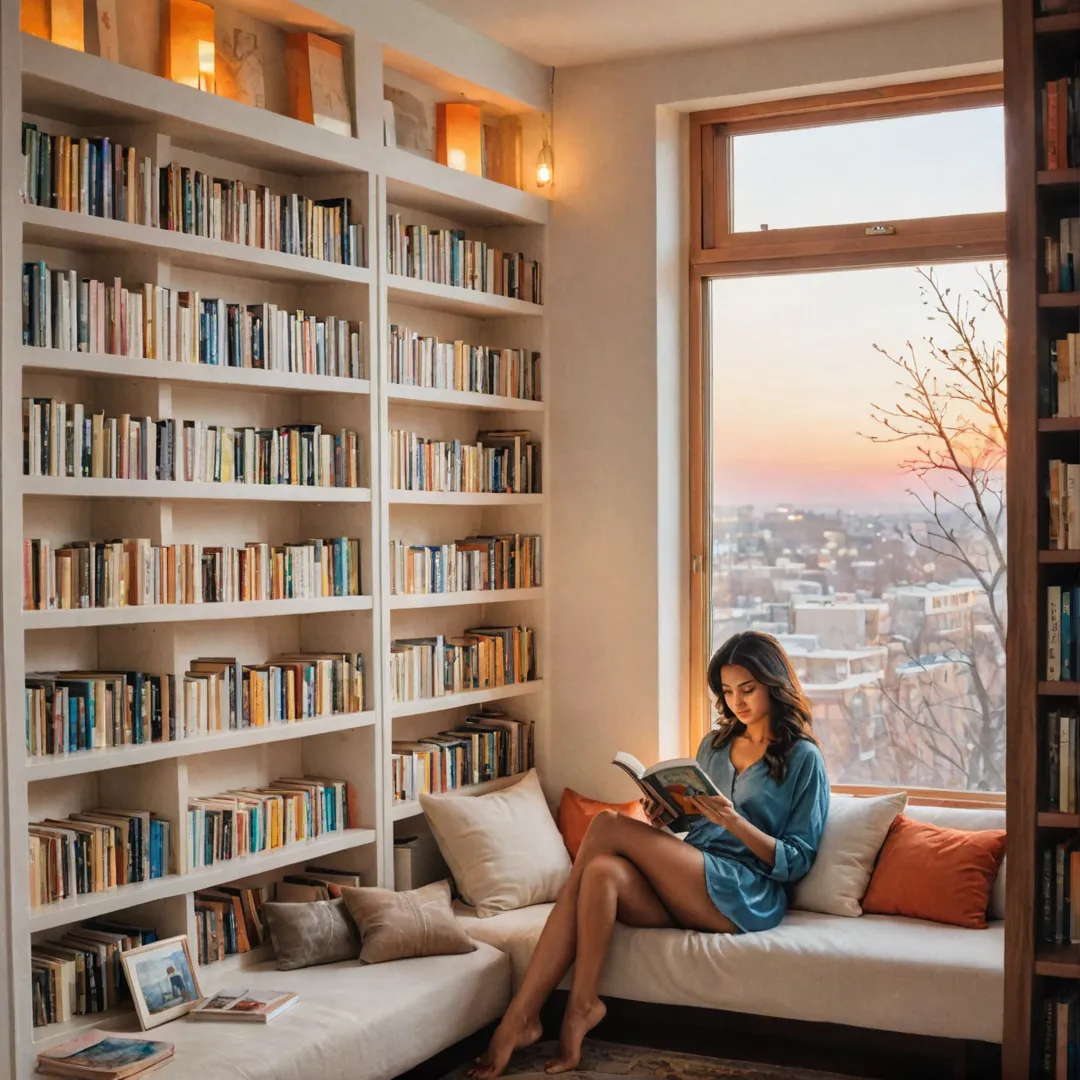 oman reading in a cozy nook surrounded by shelves filled with books, dim lighting from a lamp, warm colors of sunset filtering through the windows.