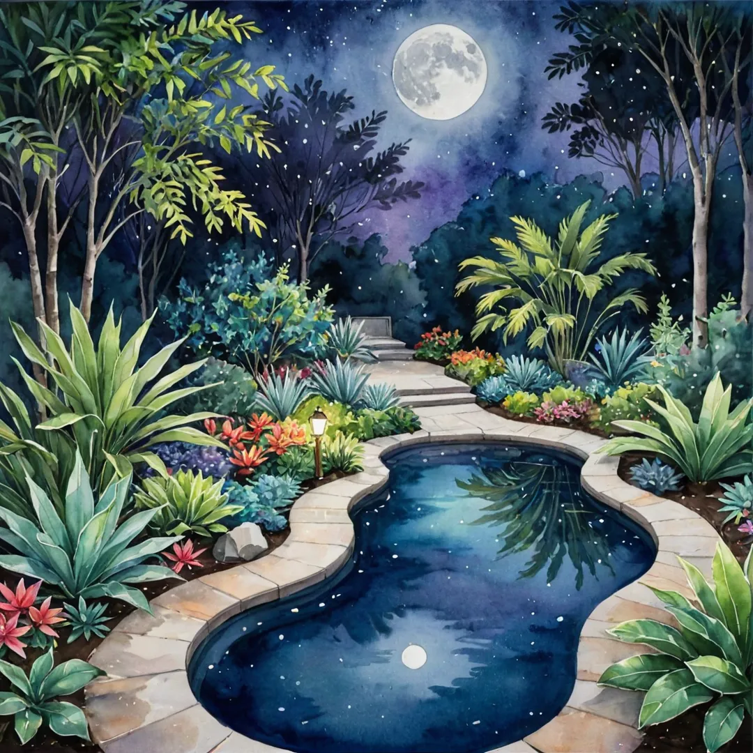 elaxing moonlight garden scene, serene ambiance, glowing plants, strategic lighting, tranquil atmosphere, night sky, outdoor living space, nature's beauty, calming environment, peaceful retreat, magical aura.