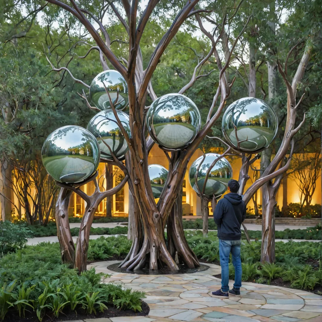 erson standing in a sculpture garden, admiring an art installation consisting of intertwined tree trunks and branches supporting large spheres, the entire structure glistening under soft lighting at dusk.