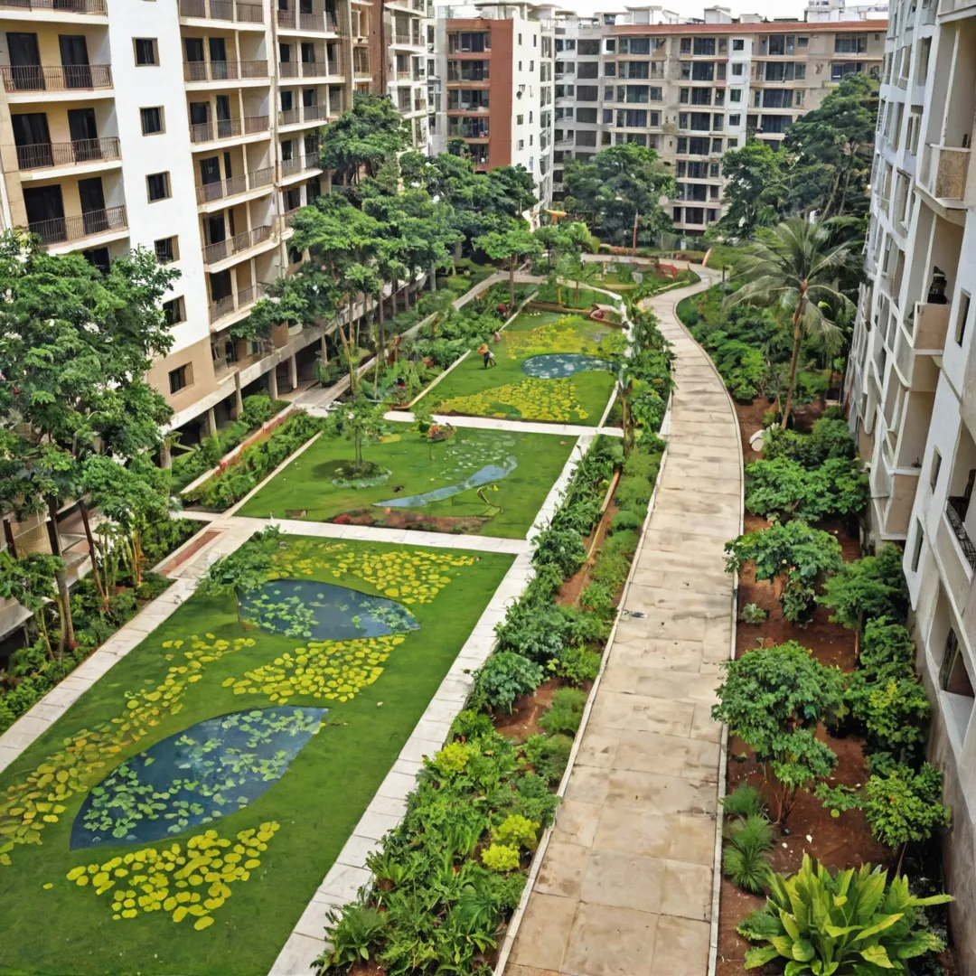 rompt: Sustainable residential complex, Bangalore East, India, Alita project, green landscape, stormwater management system, efficient drainage network, rain gardens, permeable surfaces, detention basins, harvesting pits, environmentally responsible, well-planned distribution, eco-friendly living.