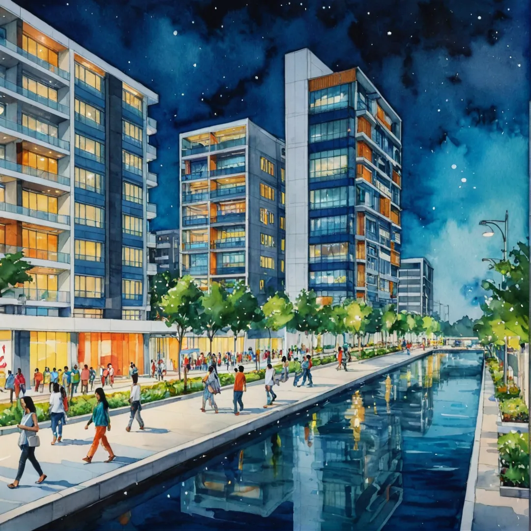 igh detailed image of a tech park at night, modern architecture, vibrant colors, people walking around, innovation hub, proximity to Alita residential area.