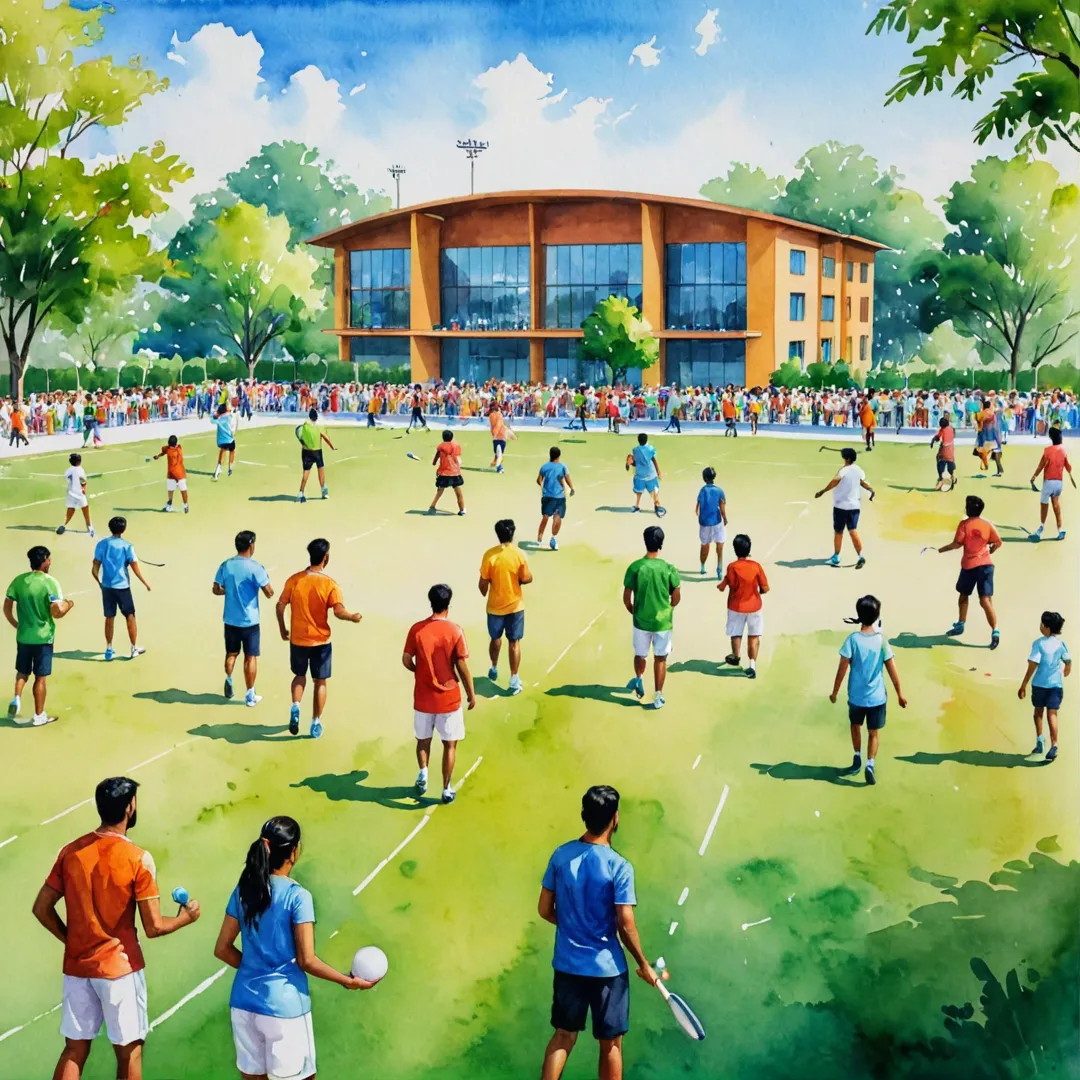 iverse community interacting at multipurpose sports ground, high energy atmosphere, vibrant colors, modern architecture, lush greenery, healthy lifestyle promotion, sporty people engaging in various activities.