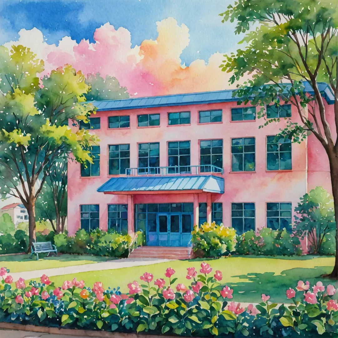 ater color painting of a brightly colored school building with large windows, surrounded by lush greenery and flowering trees. The sky is painted in shades of blue and pink, reflecting the setting sun. Children are playing joyfully on the playground while parents chat amiably near them.