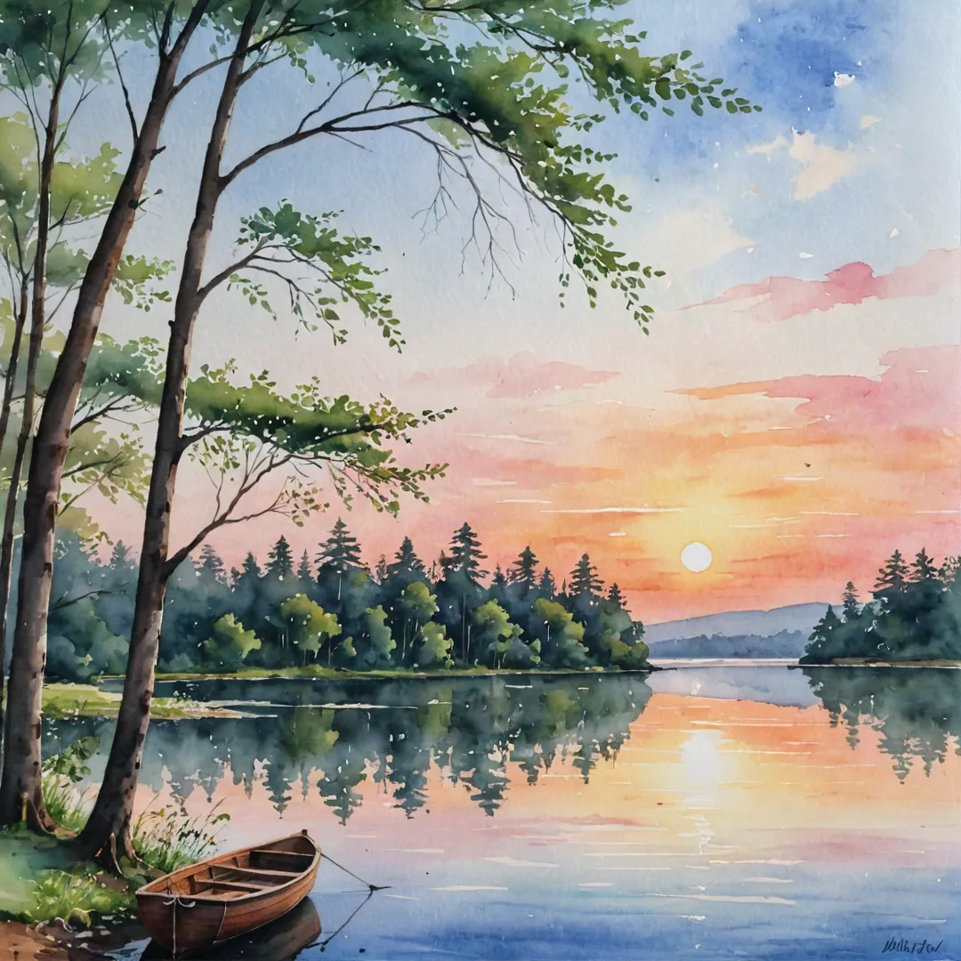 atercolor painting of a serene lake, surrounded by lush greenery and tall trees. The sun sets on the horizon, casting warm orange and pink hues across the landscape. A small wooden boat gently rocks in the water near the shore, as if just returned from an idyllic journey. In the distance, the silhouette of a modern high-rise building can be seen rising above the treetops, hinting at the juxtaposition between natural beauty and urban development.