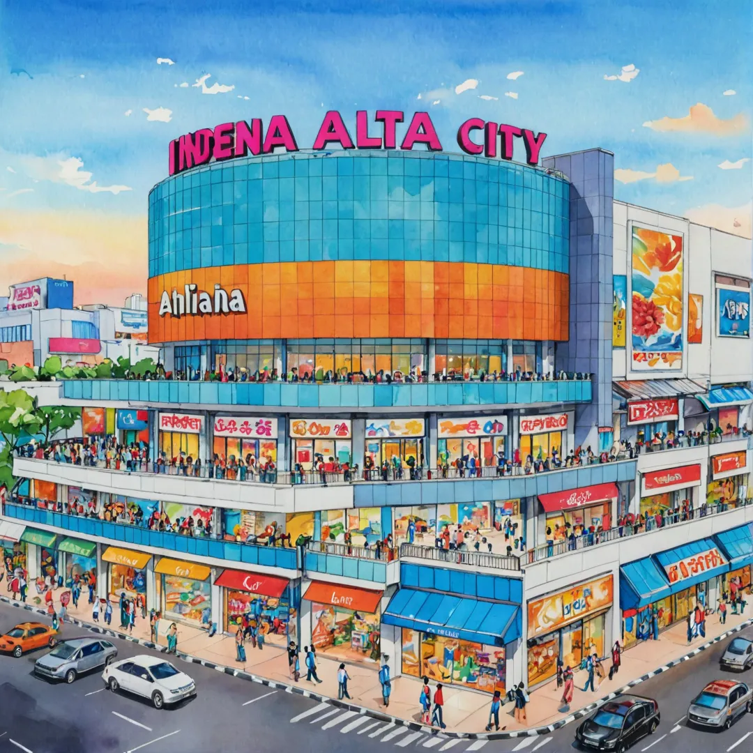 ibrant shopping mall entrance, bustling crowds, high-end retail stores, mouthwatering food court, state-of-the-art multiplex, colorful neon signs, movie posters, modern architecture, sleek interiors, ample parking space, Alita city skyline in the background