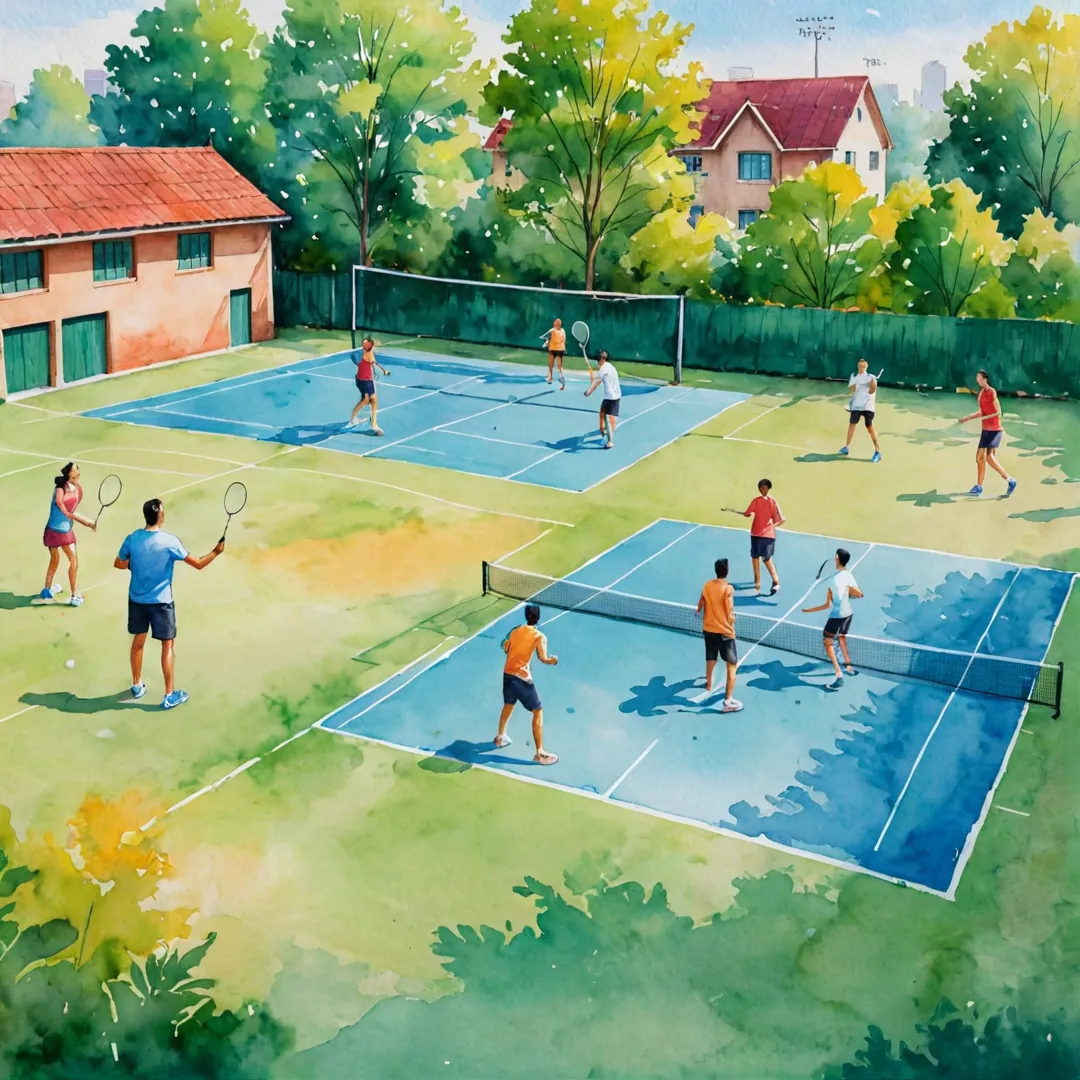 ctive, healthy, lifestyle, sports, community, badminton court, basketball court, outdoor activities, socializing, friends, neighbors, fitness, teamwork.