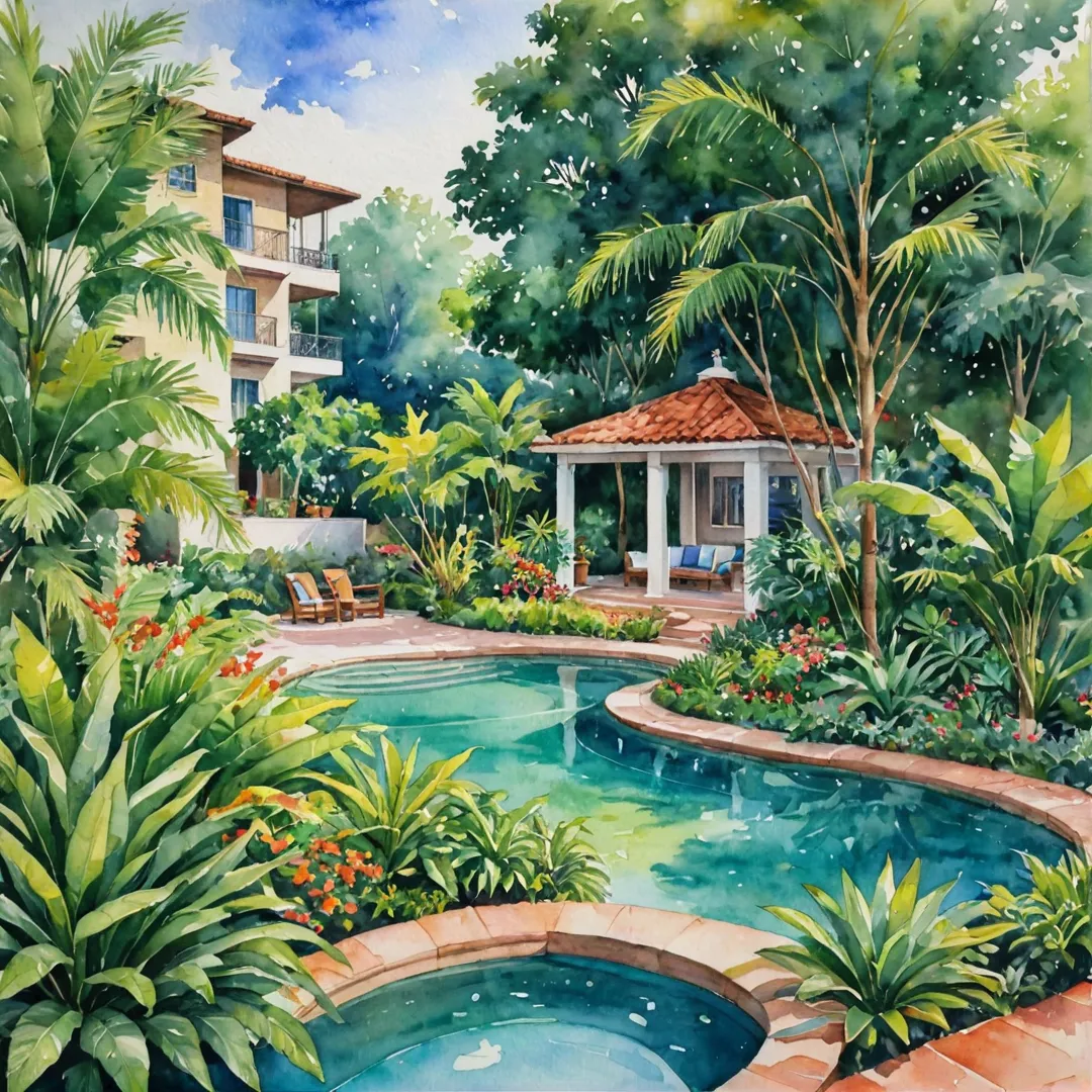 ibrant community spaces, expansive living, lush greenery, watercolor painting