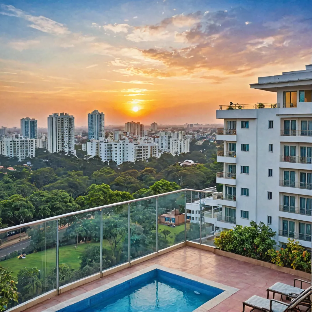 unset view of Bangalore skyline from Alita, luxury apartments. High rise buildings, vibrant colors in the sky, modern architecture, spacious balcony, comfortable seating, peaceful ambiance.