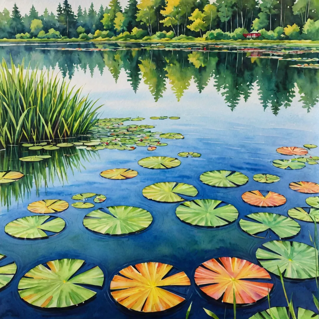 olorful water lily pads on a serene lake, surrounded by green grass and trees, in the background of an eco-friendly community.