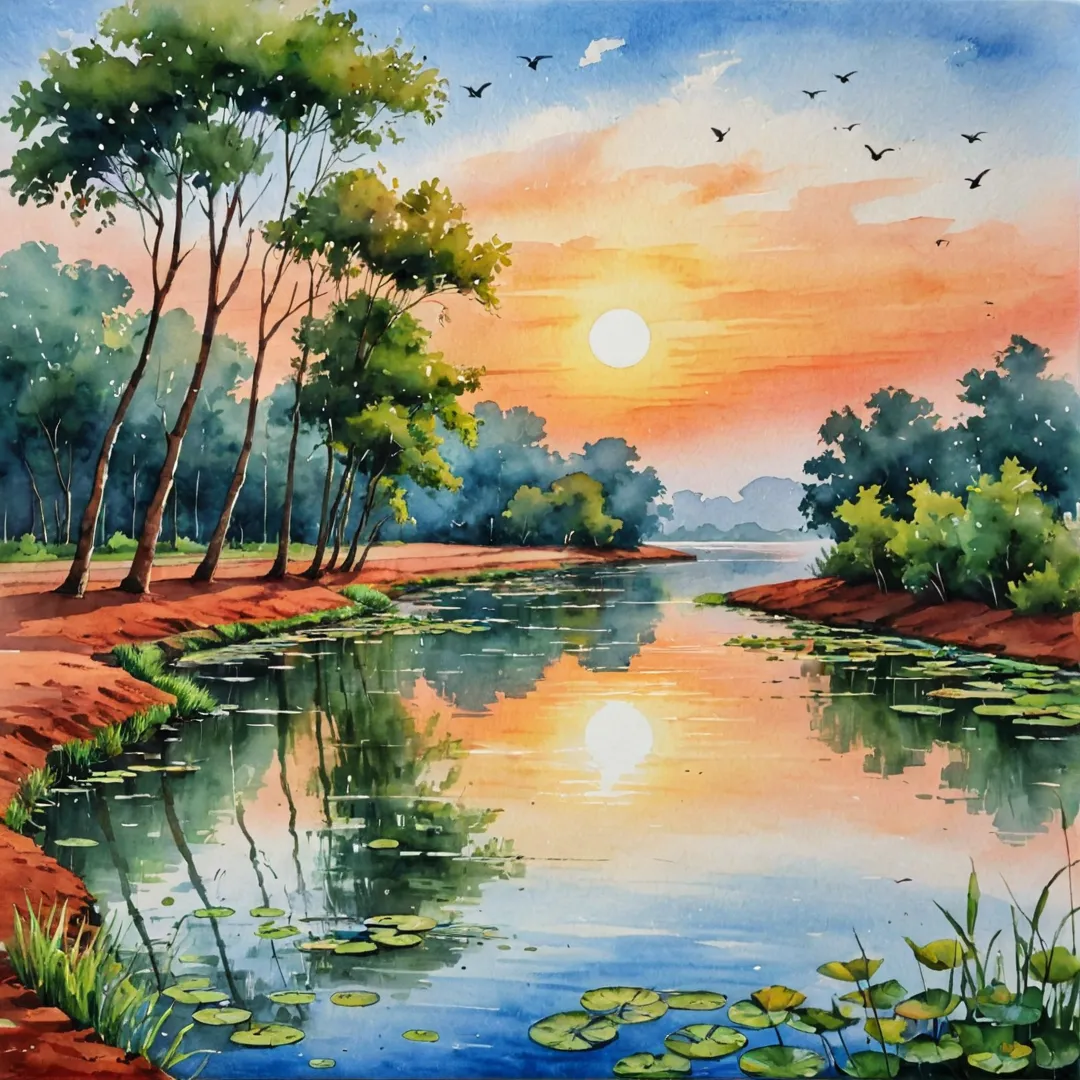 eaceful, serene, calming, tranquil, natural, harmonious, relaxing, water body, lake, canals, greenery, clean air, healthy living, environmentally friendly, sustainable, red soil, agriculture, landscaping, sunset, sky, birds, wildlife, bliss, joy.