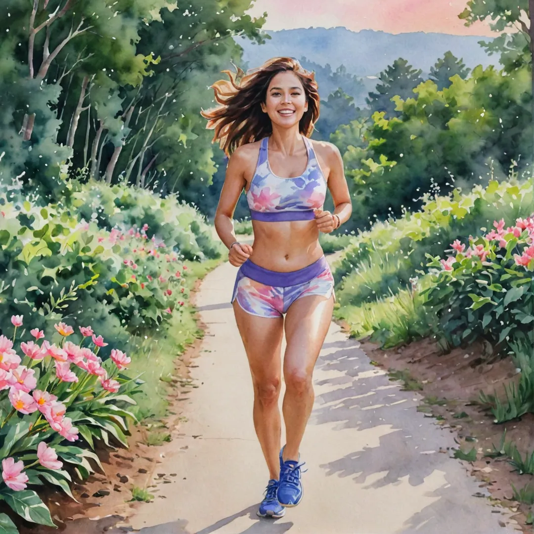  watercolor painting of a young woman in a sports bra and shorts, running enthusiastically along the pathway surrounded by lush greenery and vibrant flowers. The sky is painted with soft pastel colors of pink, purple, and orange, reflecting the warmth of a sunset. She has a determined look on her face as she focuses on her stride, her hair flowing behind her in the gentle breeze. Another woman, older but still fit and athletic, cheers her on from the sidelines while holding a water bottle and wearing a similar outfit. The atmosphere is filled with positivity and camaraderie, reflecting the spirit of community that surrounds them at Alita.