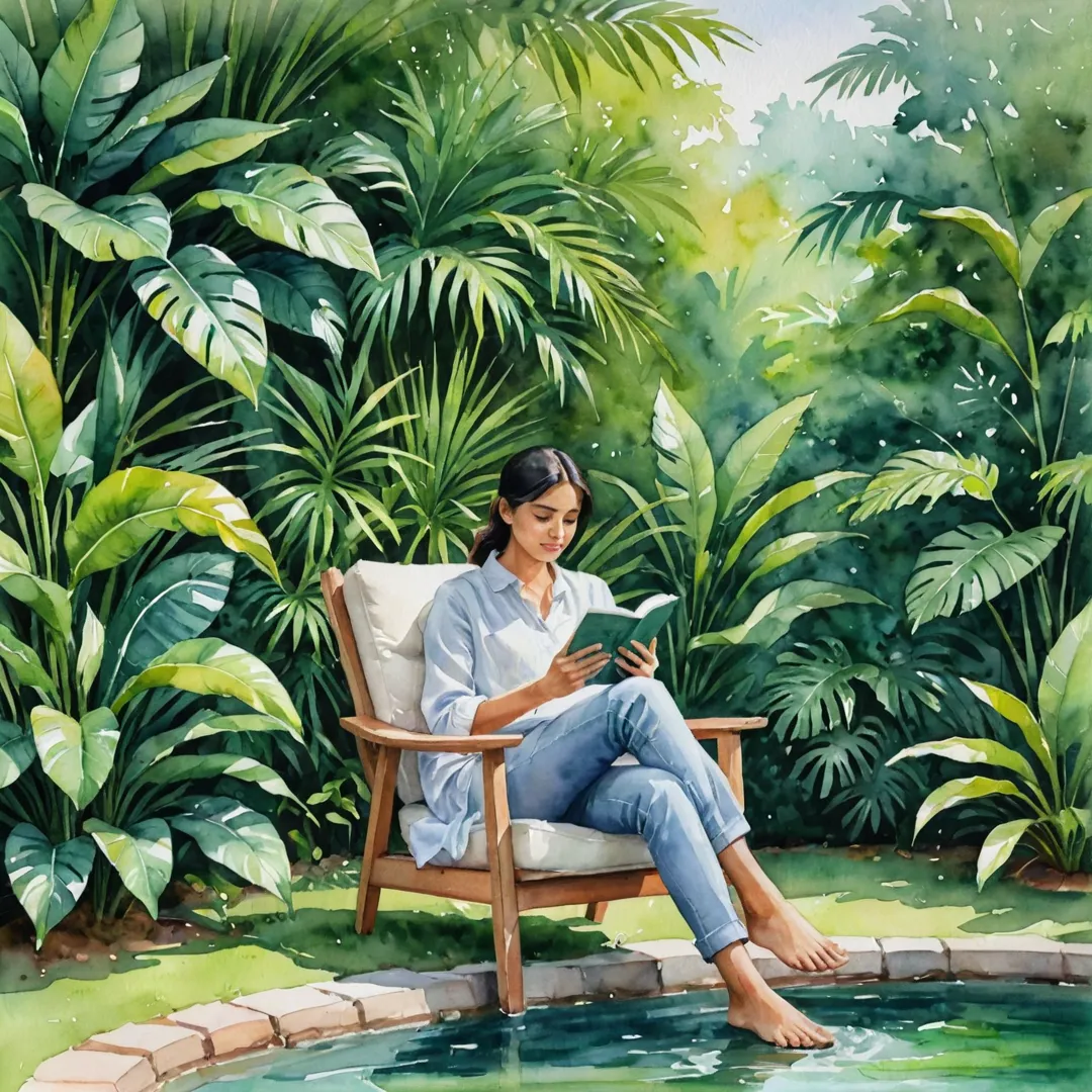 erson sitting on a cozy chair, reading book, surrounded by lush greenery, tranquil scene, peaceful atmosphere.