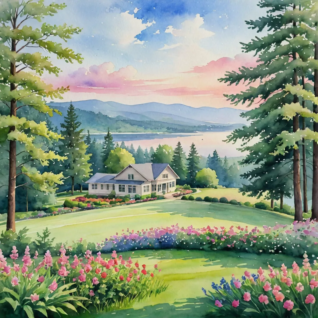 atercolor painting of a serene, natural landscape with lush greenery surrounding a small school building. The school is nestled amidst tall trees and colorful flowers, creating an inviting atmosphere. In the distance, one can see rolling hills and a picturesque lake, adding to the idyllic setting. The sky above is painted with delicate pastel colors of dawn, casting a warm glow over the scene.