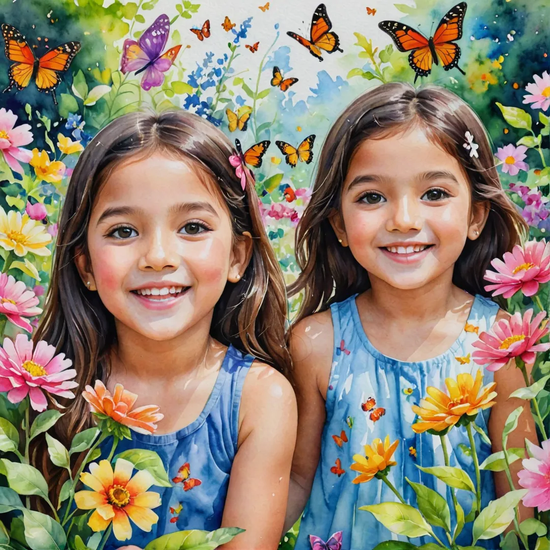 hildren playing in a garden with colorful flowers and butterflies surrounding them, happy smiles on their faces, vibrant colors of the watercolor painting