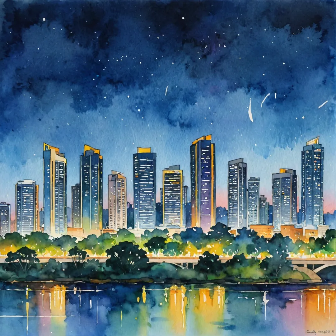 odern Bangalore skyline, Alita residential project, vibrant city lights, dynamic architecture, urban development, night view, infrastructure evolution