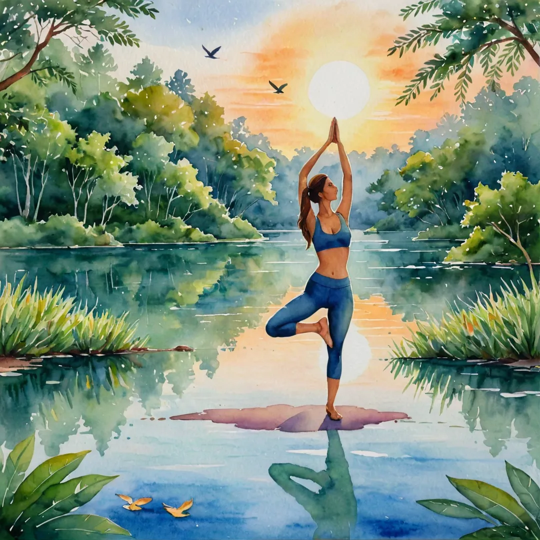 atercolor painting of a woman in yoga pose, surrounded by lush greenery and a calming lake. The sun is setting, casting warm hues on the scene, while birds fly overhead.