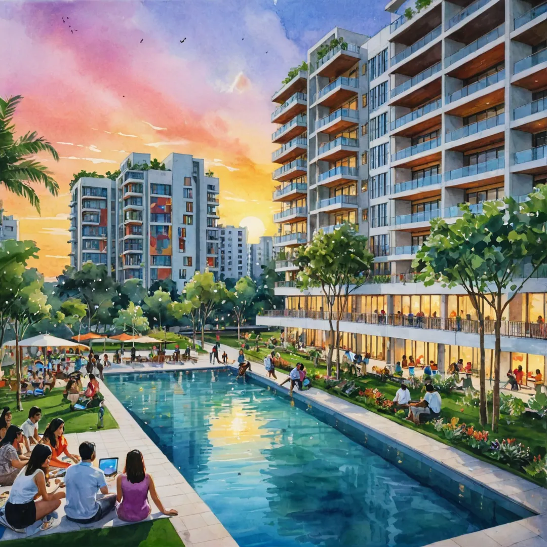 eople enjoying the sunset over a vibrant community space with modern architecture and greenery in Alita project.