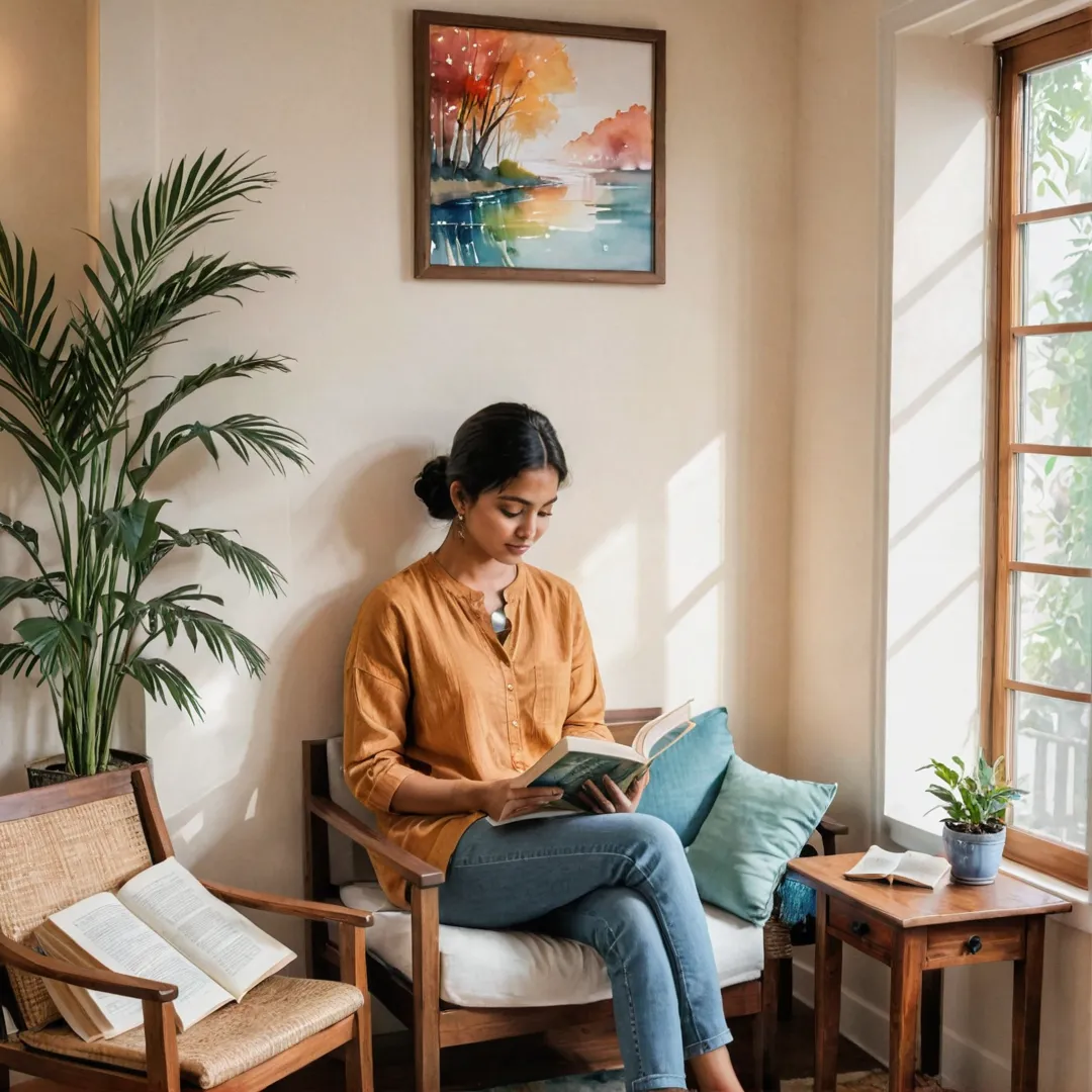 erson reading a book in a cozy corner, soft lighting, warm colors, wooden furniture, calming atmosphere, peaceful retreat, inviting space, focused individual.