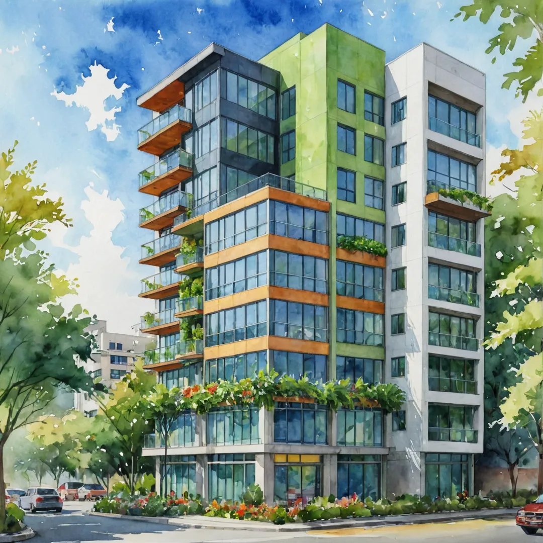 ffice building exterior, modern design, greenery, balconies, glass facade, colorful accents, lively atmosphere, mixed-use living spaces, bustling neighborhood, close to parks and amenities.