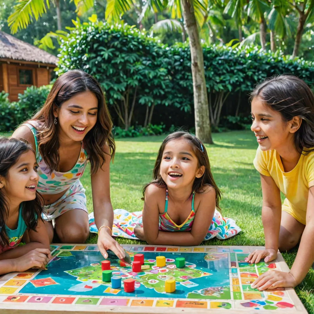 ibrant outdoor board game cabana, colorful games scattered on table, children laughing and playing, parents engaging in friendly competition, bright sunlight streaming through trees, lush greenery surrounding area