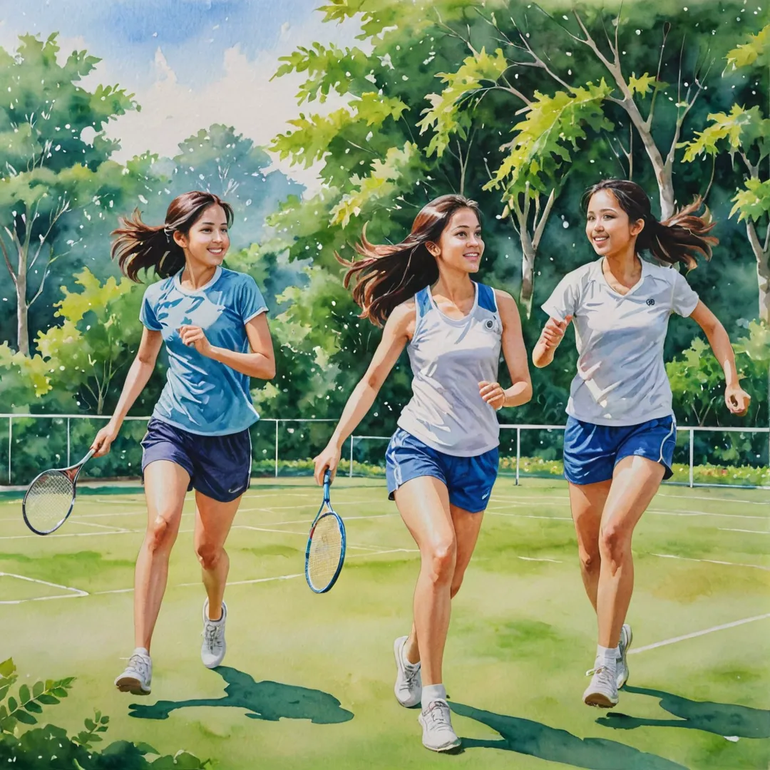 atercolor painting of a family playing various sports in the midst of lush greenery, showcasing their joy and camaraderie. The scene depicts them engaged in activities such as badminton, basketball, cricket, and running. The background features the Alita Sports Facility, with its well-manicured fields and courts, highlighting the sense of community it fosters.