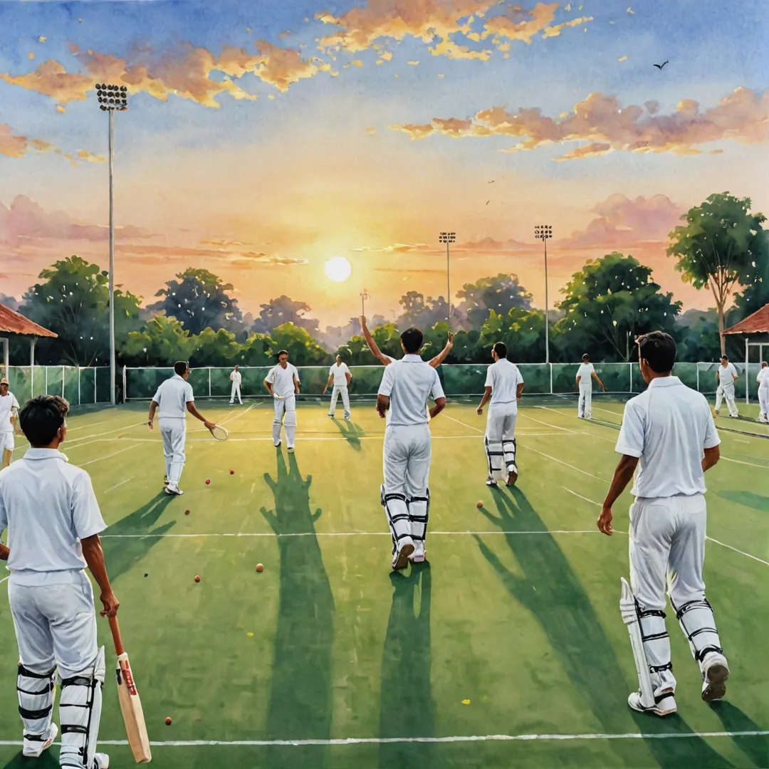  watercolor painting depicting a lively scene of residents playing various sports in Alita's gated community. The painting captures the vibrant colors of the sunset, casting warm hues across the badminton court where skilled players engage in a rally. In the background, a group of young children are seen practicing their basketball skills on the court, while others watch and cheer them on from the sidelines. The cricket pitch is also visible in the distance, with players dressed in white uniforms batting and bowling under the setting sun. The painting highlights the sense of community and active lifestyle that Alita promotes through its diverse range of sporting facilities.