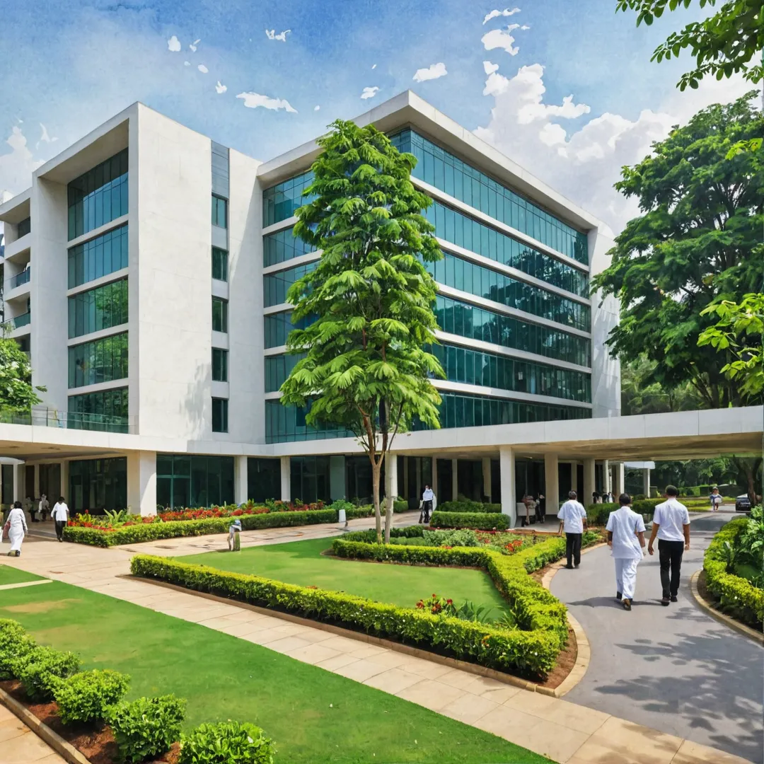 anipal Whitefield hospital exterior with modern architecture, vibrant colors, and lush greenery in the background, patients and medical staff moving about, a sense of calm and professionalism permeates the scene.