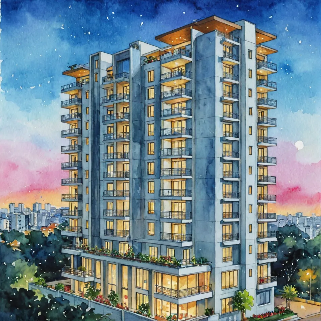 odern apartment building, East Bangalore skyline, Kacharakanahalli area, Soukya road, luxurious residence, urban living, skyscraper, glass facade, balcony, city lights view, vibrant nightlife scene