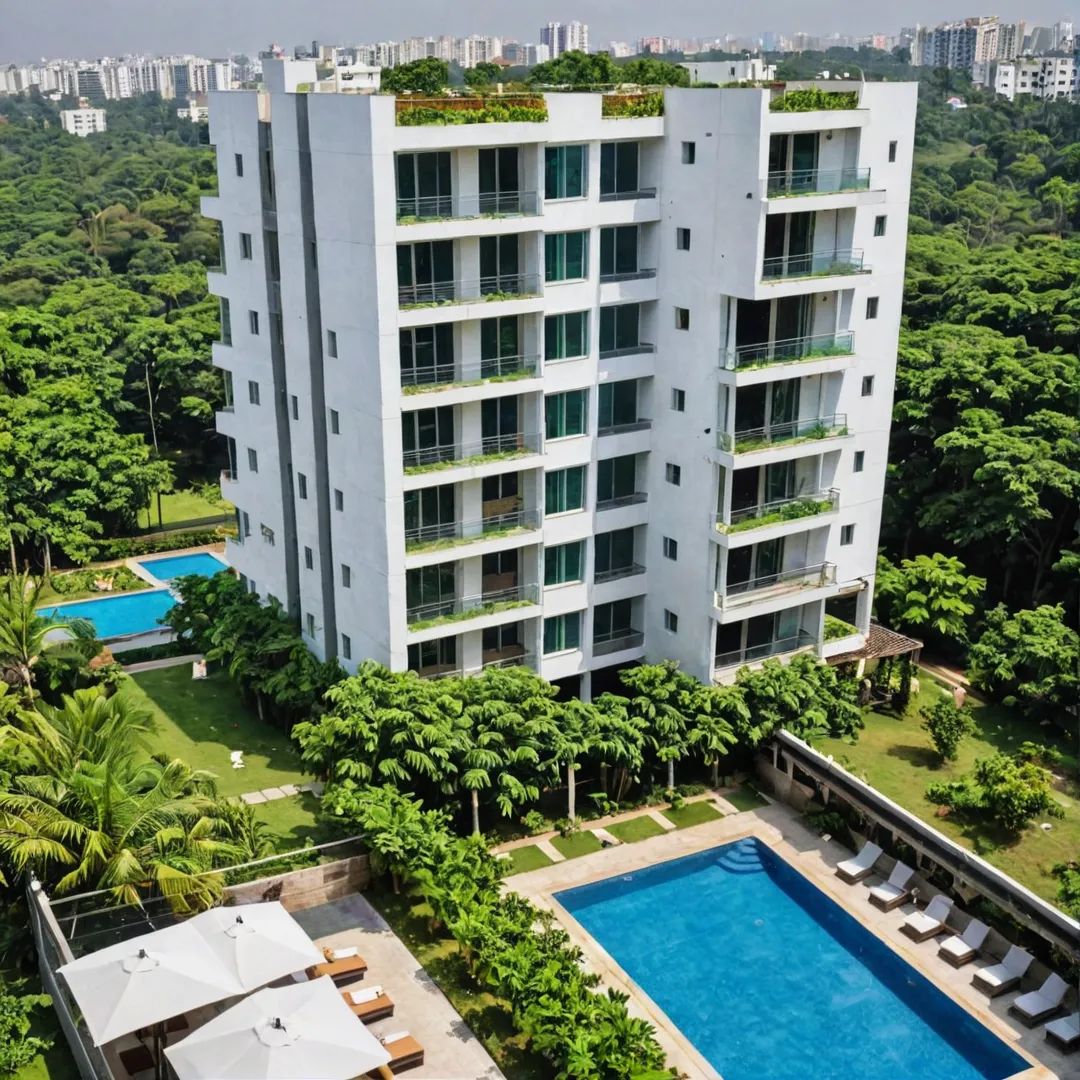 mage of a modern residential complex in Bangalore, India. The complex is situated near the Bangalore-Chennai Expressway and boasts seamless connectivity to major IT hubs and city centers. The architecture features lush green landscaping with open spaces and sustainable living practices. Residents enjoy serene surroundings while having access to state-of-the-art amenities like a clubhouse, swimming pool, and gymnasium. The image should capture the blend of urban convenience and natural beauty that defines Alita.