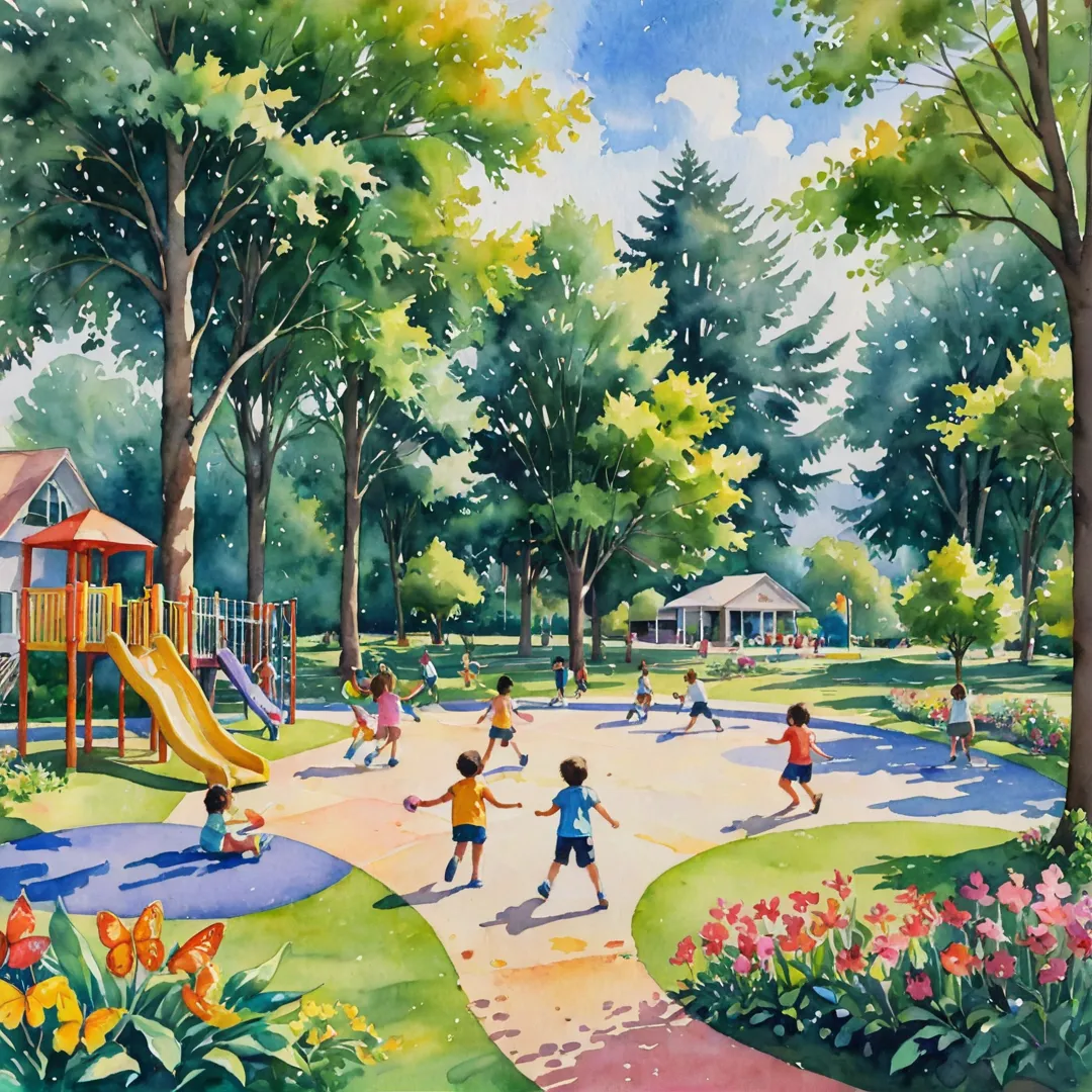 ibrant watercolor painting of a colorful playground with children laughing and playing, surrounded by tall trees and lush greenery. The sun shines brightly overhead casting long shadows on the ground while butterflies flutter around flowers in full bloom. In the background, you can see a modern school building with clean lines and large windows overlooking the playground.