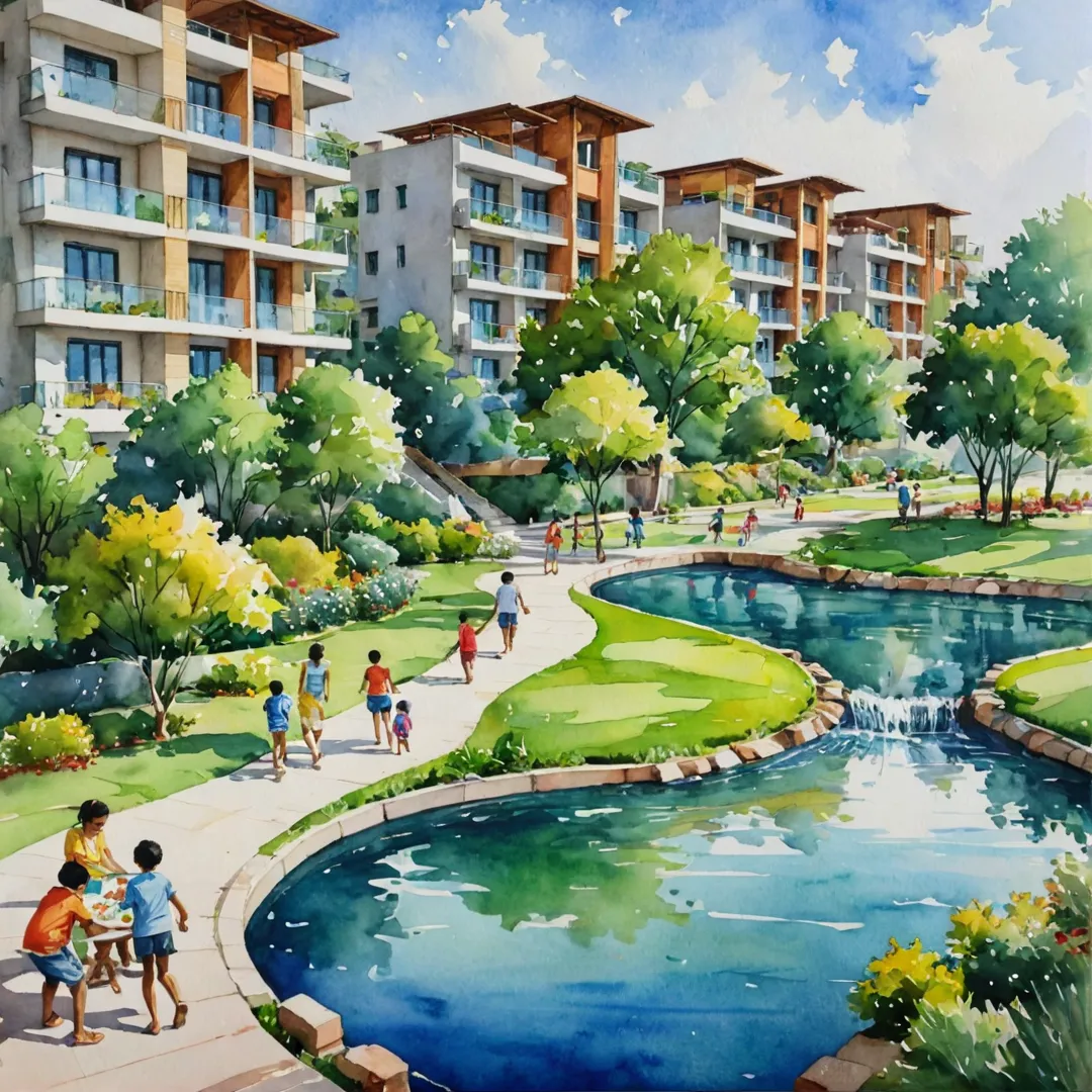 hoto of a vibrant community, greenery, outdoor activities, children playing, families together, socializing, connectedness, modern architecture blending with nature