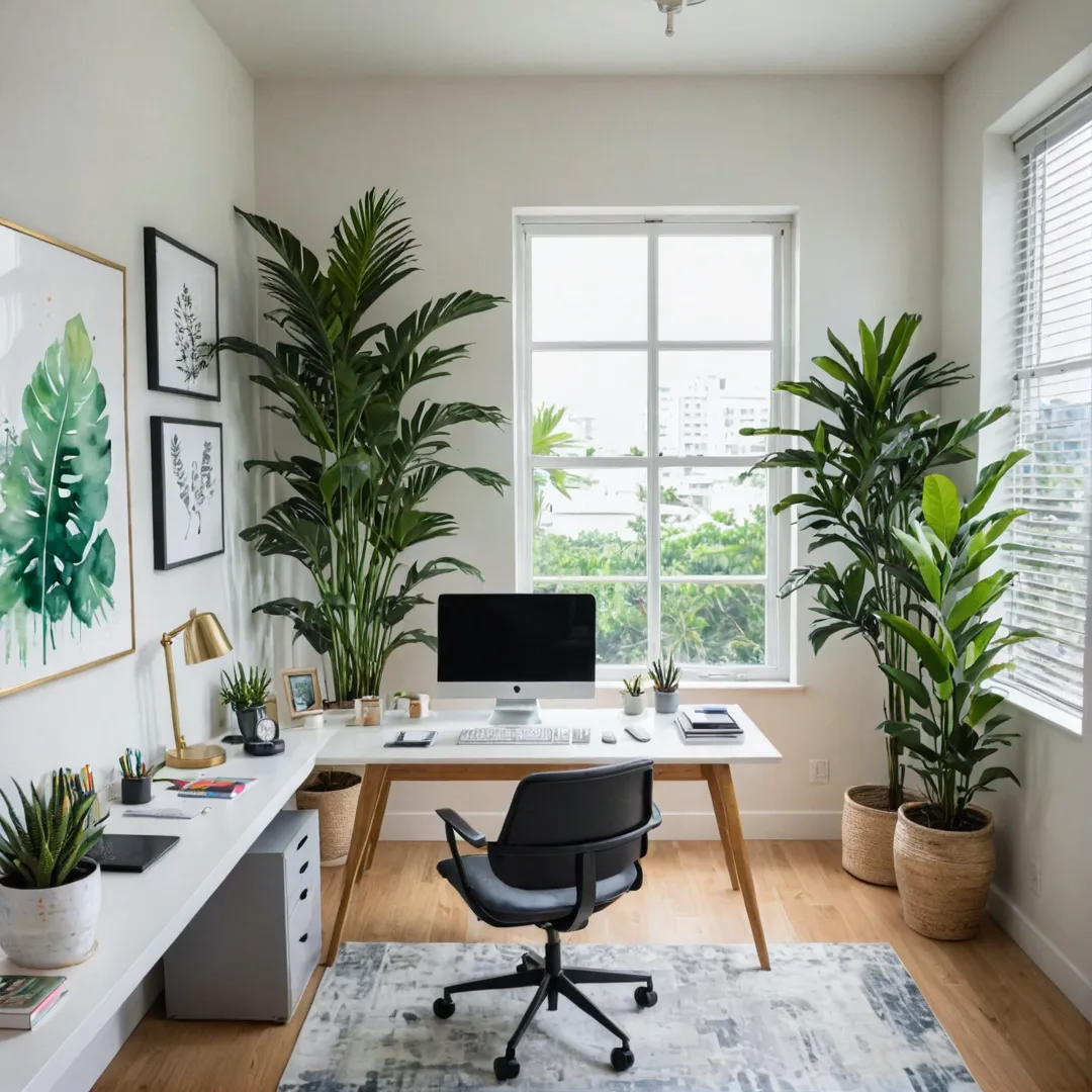 hoto of modern home office, sleek design, natural lighting, greenery, minimalist decor, comfortable seating, organized workspace, technology integration, Alita