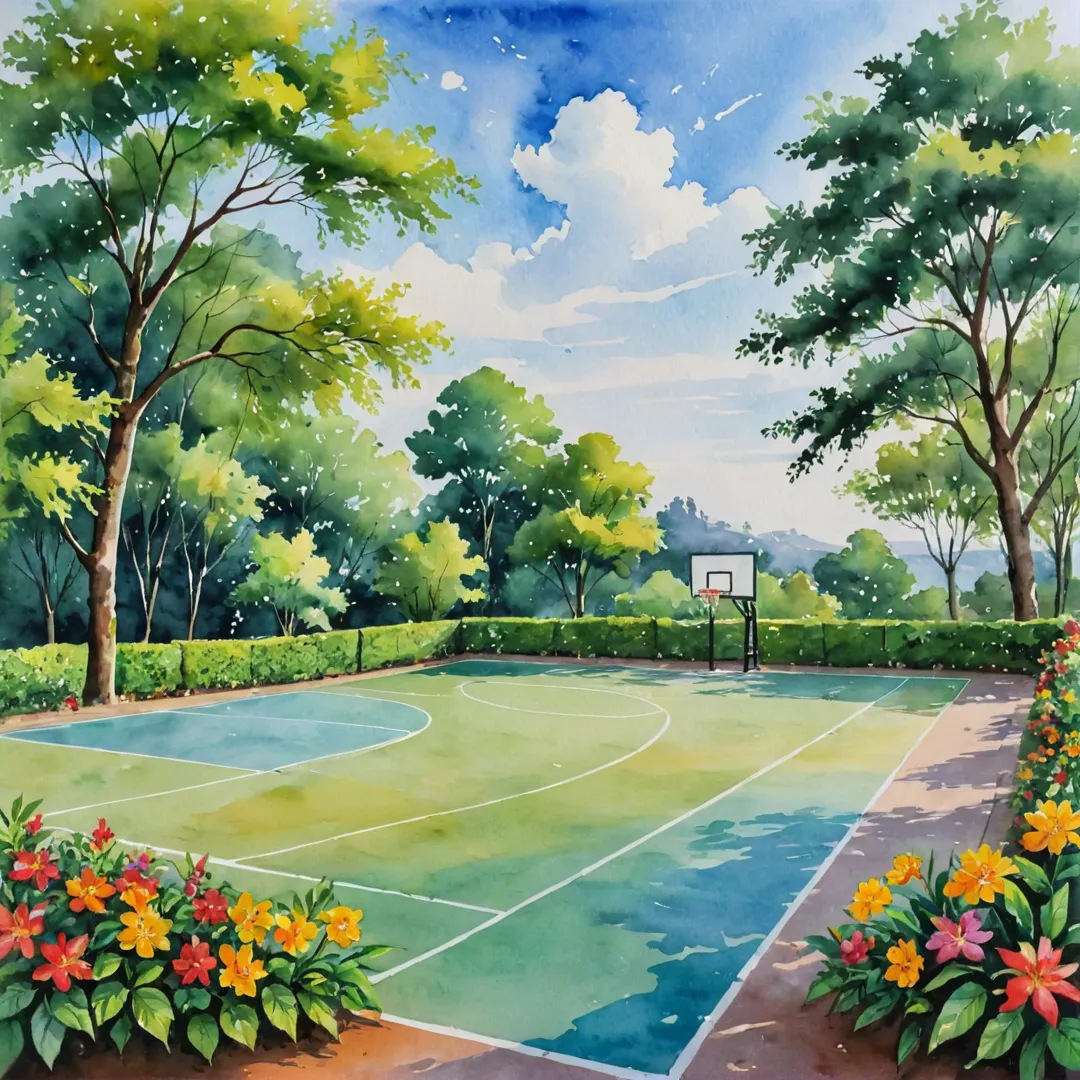 ater color painting of a basketball court in Alita, Kacharakanahalli. Vibrant colors and soft edges create a warm, inviting atmosphere. Players of different ages and skill levels are engaged in various activities on the court, laughing and having fun together. The backdrop features lush greenery and colorful flowers, blending seamlessly with the surrounding community. In the distance, one can see the serene waters of a lake reflecting the beautiful sky filled with fluffy clouds.