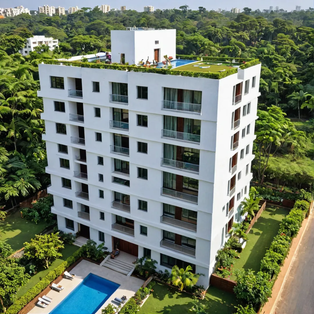 mage of a modern residential building in Kacharakanahalli, near Soukya road, showcasing its sleek design and architectural features. The building is surrounded by lush greenery and well-manicured gardens, reflecting the developer's commitment to sustainability. In the background, a group of happy homeowners can be seen interacting on a terrace, enjoying the stunning views of the landscape.