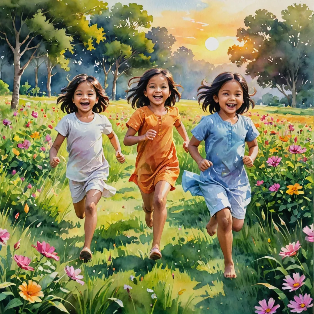 hildren playing in a grassy field near Alita, laughing and running around, surrounded by lush greenery and brightly colored flowers, under the warm glow of a golden sunset.