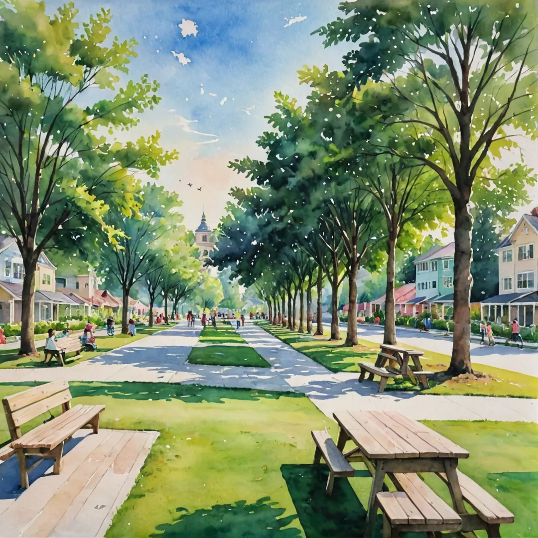 atercolor painting of a vibrant community space in Alita, featuring a lush green park with trees and benches, surrounded by beautifully designed homes. The sky is painted with soft pastel colors as the sun begins to set, casting warm light on the scene. In the background, children can be seen playing in the open area, while families gather around picnic tables enjoying each other's company.